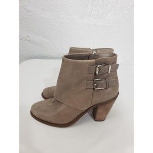 Jessica Simpson Sz 8 M Dark Beige Leather Cuffed Buckle Zip Ankle Booties Boots
